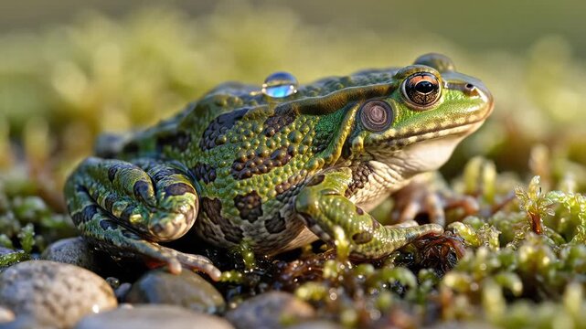 Closeup macro shot of a vibrant green frog with water droplets on its skin resting on mossy ground with pebbles in soft natural light.