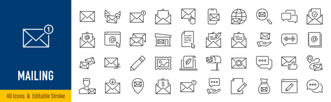 Mailing web icons in line style. Email, text, post office, mail, mailbox, collection. Vector illustration.