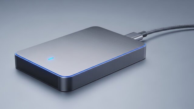 External hard drive isolated on a gray surface with connected cable