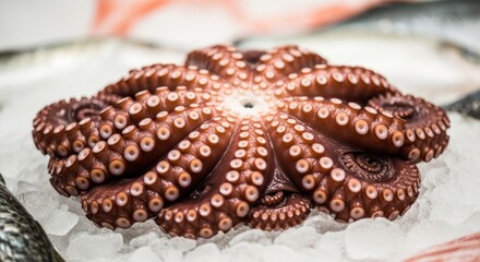 Close-up of a fresh octopus on crushed ice with seafood blurred in background