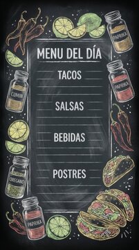 Mexican food menu del dia on a rustic chalkboard background.