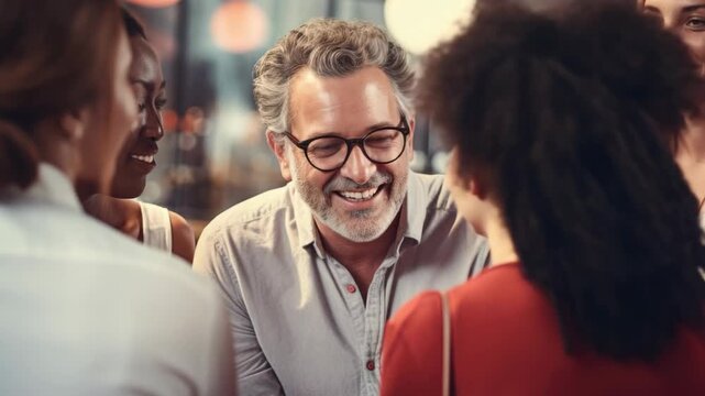 A man smiling and leaning over a table engaging with two women at a restaurant.