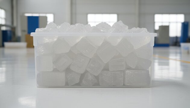 Rough crystalline polysilicon chunks piled in a container, representing industrial raw material for solar energy and semiconductor manufacturing.
