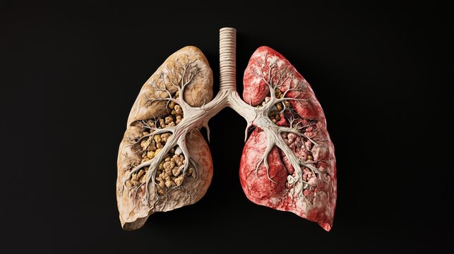 World Tuberculosis Day: scientific illustration of diseased and healthy human lungs side by side, detailed anatomical cross-section,  muted warm tones with deep red and ivory