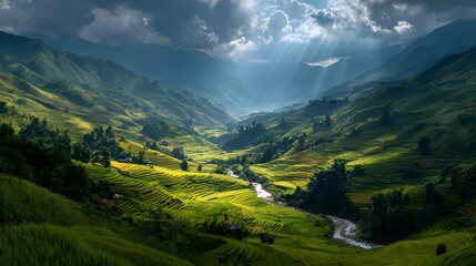 Obraz premium Spectacular panoramic landscape view of majestic golden-green terraced rice fields winding beautifully through a deep mountain valley gorge.
