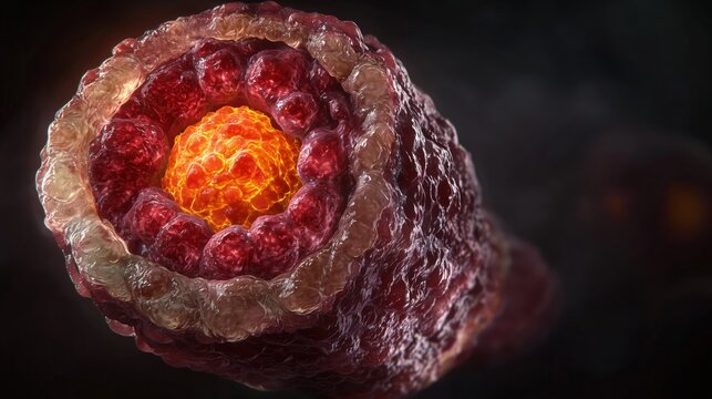 World Tuberculosis Day: 3D render of tuberculosis granuloma cross-section cutaway view, Cinema 4D Redshift render, concentric layers of immune cells, glowing necrotic core in amber