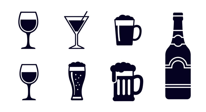 Alcohol drink icons, wine glass, beer mug, cocktail, and bottle symbols for bar, restaurant, or beverage menu, flat vector