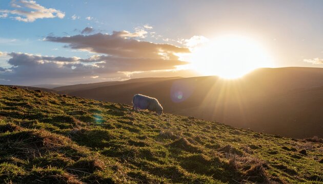 Remote minimalist cabin on a green hillside during a beautiful golden sunset.