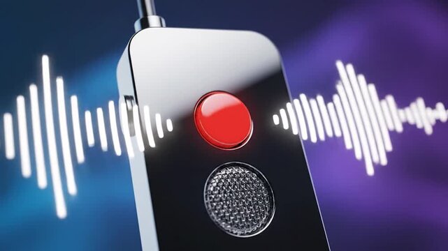 A llic recording device with a glowing red button emitting sound waves