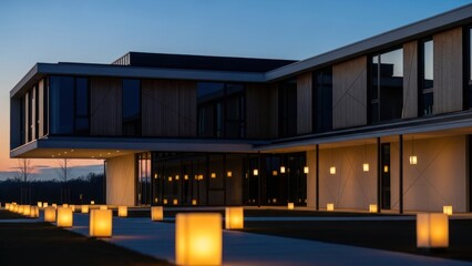 Fototapeta premium Modern architecture exterior dusk illuminated pathway and building facade