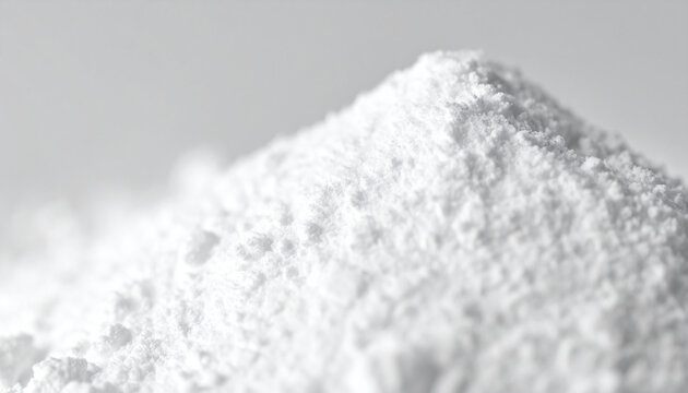 White titanium dioxide powder heap, blurred background. Calcium carbonate, magnesium or zinc oxide