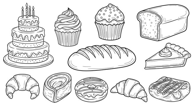 Bakery food icons set, pastry and dessert illustrations