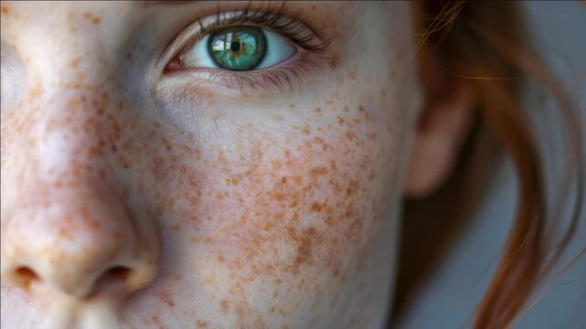 A detailed close-up portrait of a person with freckles on their face. The eye reflection is visible in the iris.