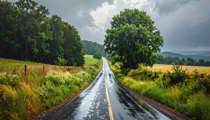 Naklejka premium Wet country road with rainwater reflection surrounded by lush green trees and stormy sky