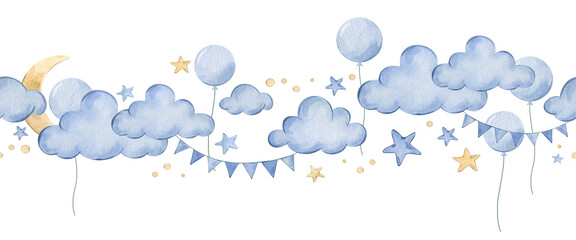 Baby border with blue clouds, stars, balloons, and bunting. Watercolor seamless border on white for children's themes and nursery decor, banner for website, postcards, Baby shower and birthday cards. © karish.art