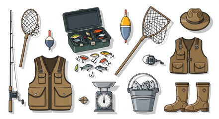Fishing gear assortment - tackle box, vest, net, rod, boots, hat, and other equipment. © Heni