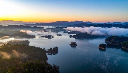 Misty river valley at golden sunrise with calm water and foggy mountains landscape