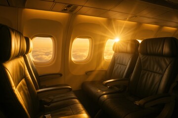 Fototapeta premium Airplane interior at golden hour, sun illuminating empty seats and clouds visible through windows during an evening journey