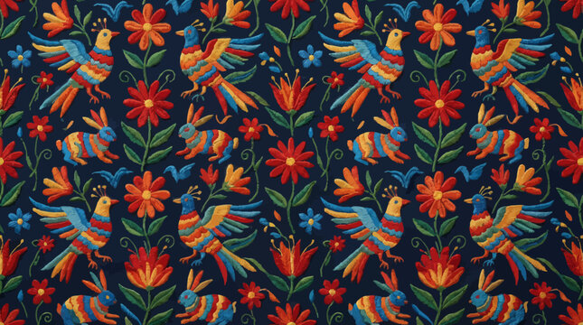 Vibrant Mexican Otomi embroidery style textile with colorful birds and flowers.