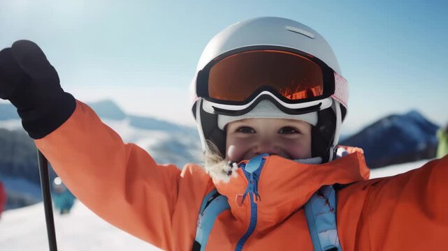 A happy child wearing ski gear and goggles smiles at the camera.
