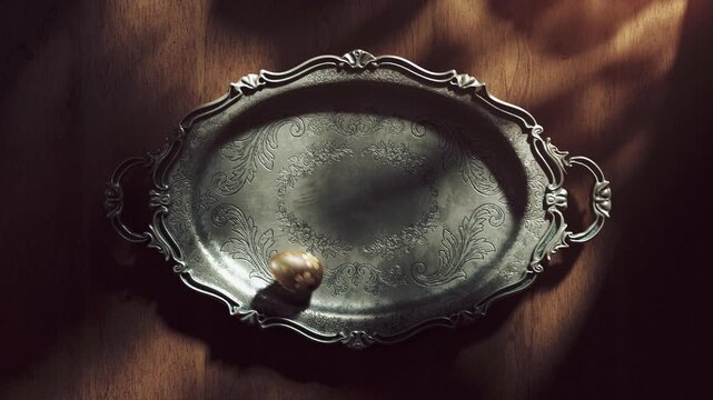 Golden egg spinning alone on an empty vintage silver platter.