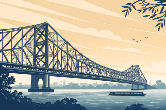Howrah Bridge, minimal vector illustration, strong silhouette, wide river space, banner-ready