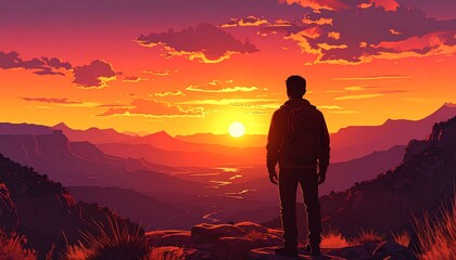 Obraz premium Man Standing on Mountain Watching Sunset.