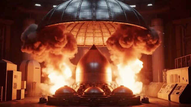 Dome shaped structure engulfed in intense flames and smoke.