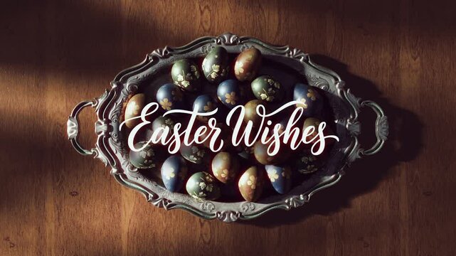 Easter eggs with elegant handwritten Easter Wishes script animation.