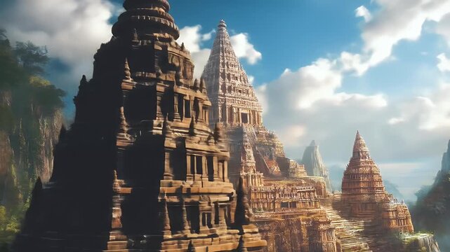 Mountain temple complex with tall, layered stone structures