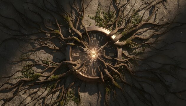 Surreal Concept of Time Overcome by Nature Featuring a Broken Clock Face with Thick Tree Roots Growing through the Cracked Glass on Stone Texture