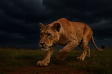 Obraz premium Lioness moving low through dry grass and dirt, hunting at night under a dramatic dark cloudscape. Power and stealth