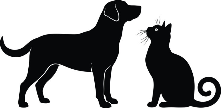 A minimalist black vector silhouette collection featuring a standing Labrador dog and a sitting domestic cat looking at each other isolated on white background.