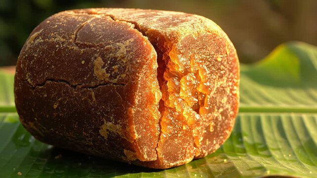 A Close-Up Macro Shot of a Rustic Brown Jaggery Block Split in Half Resting on Vibrant Green Banana Leaves Illuminated by Warm Sunlight