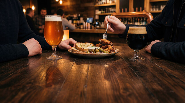 Two glasses of craft beer with appetizers on wooden table in cozy pub, warm light and casual dining atmosphere with friends.