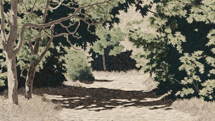 Trees forest scene with winding path and dense foliage featuring green, nature, landscape with scenery and woodland elements for trail, branches