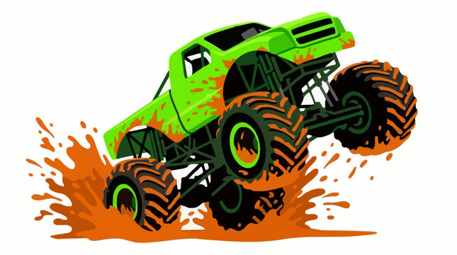 Vibrant green monster truck jumps over mud puddle vector illustration graphic for apparel design