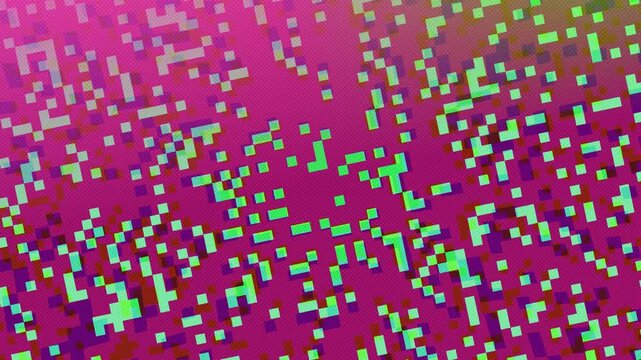 Abstract Pixels Glitching Vibrantly on a Radial Magenta Field with Subtle Halftone Retro Vibe