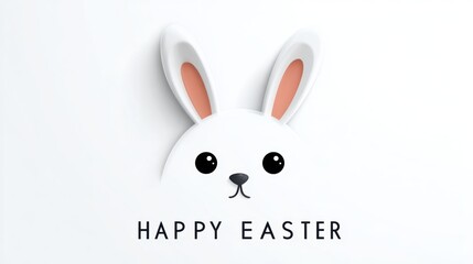 Fototapeta premium Cute white Easter bunny peeking out with happy Easter text on white background