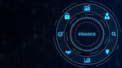 Futuristic digital interface displaying finance with glowing blue for analytics lock handshake checkmark lightbulb and person on dark grid background © FREE MOTION