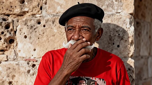 Hombre mayor caribeño con un bigote blanco  y boina 