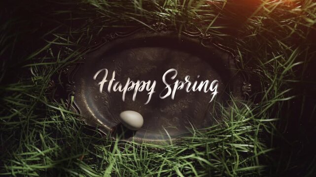 White egg rolling on vintage tray with spring text.