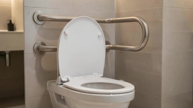 Medium shot of grab bars installed near the toilet in a hotel bathroom emphasizing safety and support features for guests.
