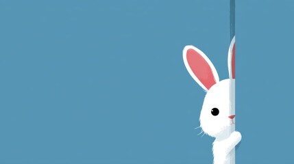 Obraz premium Cute white bunny peeking from behind a blue wall, perfect for Easter themes