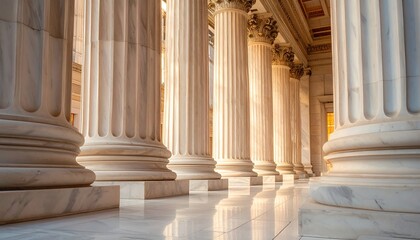 Fototapeta premium Perspective view of majestic marble columns in a grand architectural hallway with ornate details and polished floor reflections