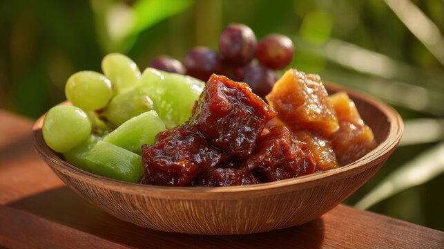 A tantalizing assortment of spicy and tangy rujak buah with fresh green grapes and plump red grapes in a rustic wooden bowl