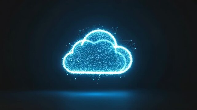 Cloud computing data storage concept represented by a glowing blue digital symbol set against a dark background.