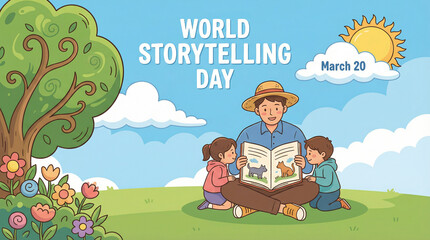Obraz premium Man reading to children on World Storytelling Day outdoors