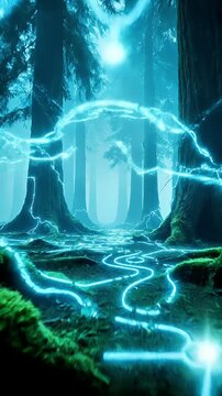 Mystical Forest Path with Glowing Energy - Ethereal Blue Light Trails Guide Through a Dark Enchanted Woodland Landscape Perfect for Fantasy and Sci-Fi Projects