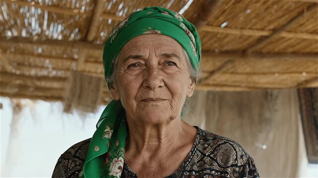  Anciana con pañuelo floral verde y blusa estampada
